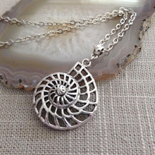 Load image into Gallery viewer, Ammonite Necklace, Silver Fossil Charm Necklace on Cable Chain