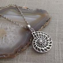 Load image into Gallery viewer, Ammonite Necklace, Silver Fossil Charm Necklace on Cable Chain