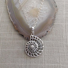 Load image into Gallery viewer, Ammonite Necklace, Silver Fossil Charm Necklace on Cable Chain