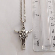 Load image into Gallery viewer, Longhorn Skull Necklace -Mens Skull Pendant on Silver Cable Chain