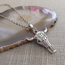 Load image into Gallery viewer, Longhorn Skull Necklace -Mens Skull Pendant on Silver Cable Chain