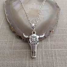 Load image into Gallery viewer, Longhorn Skull Necklace -Mens Skull Pendant on Silver Cable Chain