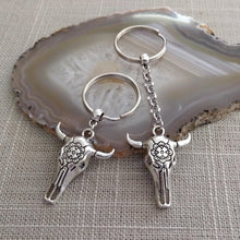 Load image into Gallery viewer, Bull Skull Keychain, Zipper Pull Backpack or Purse Charm