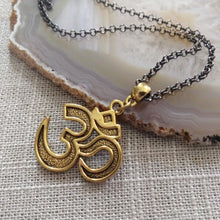Load image into Gallery viewer, Ohm Aum Necklace - Brass Charm on Gunmetal Rolo Chain - Reiki Zen Yoga Jewelry