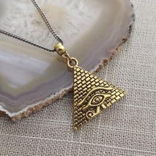 Load image into Gallery viewer, Brass Pyramid Necklace, Eye of Ra Charm on Thin Gunmetal Chain - Mens Jewelry