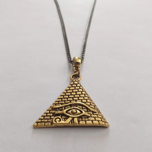 Load image into Gallery viewer, Brass Pyramid Necklace, Eye of Ra Charm on Thin Gunmetal Chain - Mens Jewelry