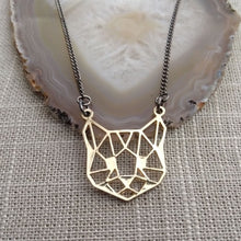 Load image into Gallery viewer, Brass Cat Head Necklace, Cute Animal Face on Thin Gunmetal Chain