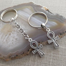 Load image into Gallery viewer, Ankh Keychain, Egyptian Key Fob, Silver Key Ring or Zipper Pull
