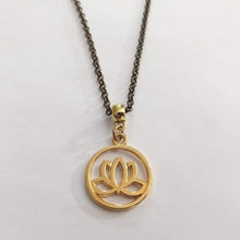 Load image into Gallery viewer, Lotus Flower Necklace, Gold Japanese Lotus Pendant on Bronze Rolo Chain