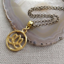 Load image into Gallery viewer, Lotus Flower Necklace, Gold Japanese Lotus Pendant on Bronze Rolo Chain
