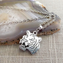 Load image into Gallery viewer, Tiger Necklace, Roaring Cat Pendant on Silver Cable Chain