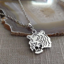 Load image into Gallery viewer, Tiger Necklace, Roaring Cat Pendant on Silver Cable Chain