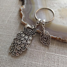 Load image into Gallery viewer, Silver Peacock Feather Keychain - Zipper Pulls Backpack Charms