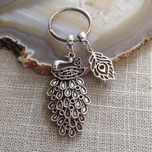 Load image into Gallery viewer, Silver Peacock Feather Keychain - Zipper Pulls Backpack Charms