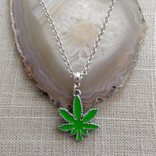 Load image into Gallery viewer, Marijuana Necklace, Green Pot Weed Leaf on Silver Rolo Chain, 420 Stoner Jewelry