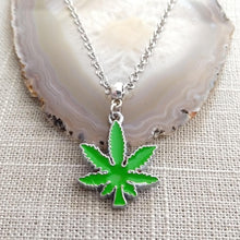Load image into Gallery viewer, Marijuana Necklace, Green Pot Weed Leaf on Silver Rolo Chain, 420 Stoner Jewelry