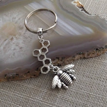 Load image into Gallery viewer, Bee and Honeycomb Keychain, Backpack Purse Charm or Zipper Pull