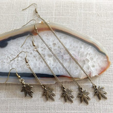 Load image into Gallery viewer, Marijuana Leaf Earrings - Bronze Dangle Drop Chain Earrings in Your Choice of Five Lengths