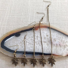 Load image into Gallery viewer, Marijuana Leaf Earrings - Bronze Dangle Drop Chain Earrings in Your Choice of Five Lengths