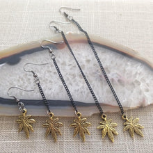 Load image into Gallery viewer, Marijuana Leaf Earrings, Dangle Drop Chain Earrings in Your Choice of Five Lengths