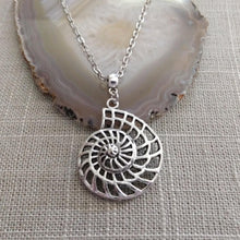 Load image into Gallery viewer, Ammonite Necklace, Silver Fossil Charm Necklace on Cable Chain