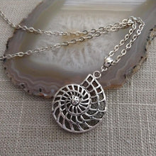 Load image into Gallery viewer, Ammonite Necklace, Silver Fossil Charm Necklace on Cable Chain