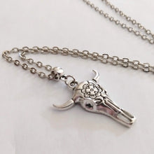 Load image into Gallery viewer, Longhorn Skull Necklace -Mens Skull Pendant on Silver Cable Chain