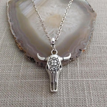 Load image into Gallery viewer, Longhorn Skull Necklace -Mens Skull Pendant on Silver Cable Chain
