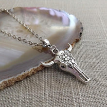 Load image into Gallery viewer, Longhorn Skull Necklace -Mens Skull Pendant on Silver Cable Chain