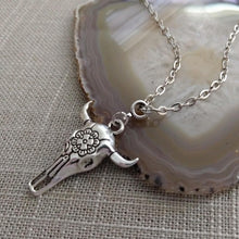 Load image into Gallery viewer, Longhorn Skull Necklace -Mens Skull Pendant on Silver Cable Chain