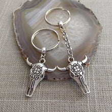 Load image into Gallery viewer, Bull Skull Keychain, Zipper Pull Backpack or Purse Charm