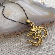 Load image into Gallery viewer, Ohm Aum Necklace - Brass Charm on Gunmetal Rolo Chain - Reiki Zen Yoga Jewelry