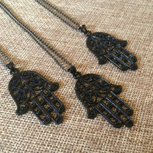 Load image into Gallery viewer, Hamsa Necklace in Black - Hamsa Charm on Thin Gunmetal Chain - Mens Hamsa Necklace