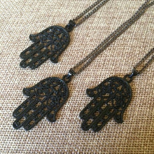 Load image into Gallery viewer, Hamsa Necklace in Black - Hamsa Charm on Thin Gunmetal Chain - Mens Hamsa Necklace