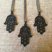 Load image into Gallery viewer, Hamsa Necklace in Black - Hamsa Charm on Thin Gunmetal Chain - Mens Hamsa Necklace