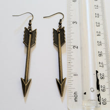 Load image into Gallery viewer, Bronze Arrow Earrings, Long Dangle Drop Earrings, Bohemian Jewelry
