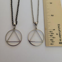 Load image into Gallery viewer, Alcoholics Anonymous AA Necklace, Your Choice of Gunmetal or Silver Rolo Chain
