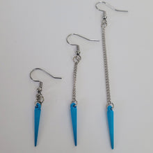 Load image into Gallery viewer, Yellow or Blue Spike Earrings, Your Choice of Four Colors,  Long Silver Dangle Chain Earrings
