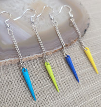 Load image into Gallery viewer, Yellow or Blue Spike Earrings, Your Choice of Four Colors,  Long Silver Dangle Chain Earrings
