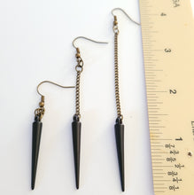 Load image into Gallery viewer, Black Spike Earrings, Long Dangle Earrings with Bronze Curb Chain
