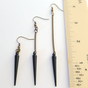 Black Spike Earrings, Long Dangle Earrings with Bronze Curb Chain