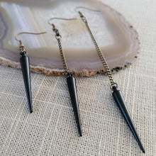 Load image into Gallery viewer, Black Spike Earrings, Long Dangle Earrings with Bronze Curb Chain
