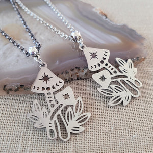 Mushroom Necklace, Your Choice of Gunmetal or Silver Rolo Chain