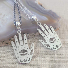 Load image into Gallery viewer, Hamsa Hand Necklace, Your Choice of Gunmetal or Silver Rolo Chain
