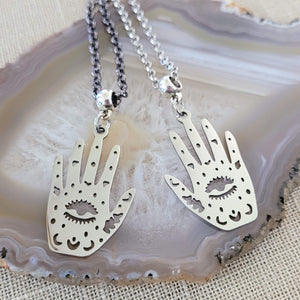 Hamsa Hand Necklace, Your Choice of Gunmetal or Silver Rolo Chain