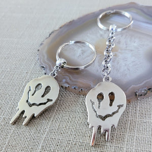 Drippy Smiley Face Keychain, Backpack or Purse Charm, Zipper Pull, Stainless Steel Charm