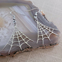 Load image into Gallery viewer, Spiderweb Earrings - Silver Halloween Dangle Drop Earrings

