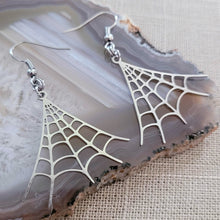 Load image into Gallery viewer, Spiderweb Earrings - Silver Halloween Dangle Drop Earrings
