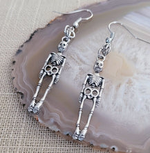 Load image into Gallery viewer, Skelton Earrings, Silver Dangle Drop Charm Earrings, Goth Halloween Jewelry
