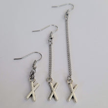 Load image into Gallery viewer, X Earrings, Your Choice of Three Lengths, Long Dangle Chain Drop, Letter X Jewelry
